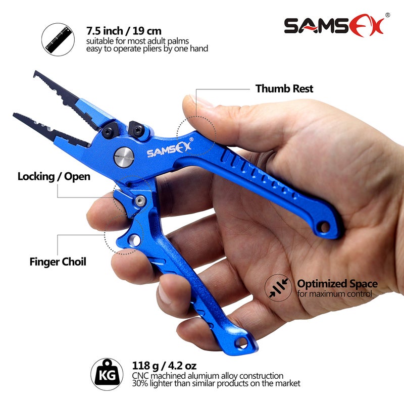 SAMSFX Aluminum Fishing Pliers Hook Remover Braid Line Cutter with Coiled Lanyard, Fly Fishing Knot Tying Tool & Retractors (Blue Handle, Split Ring Nose) - Image 3